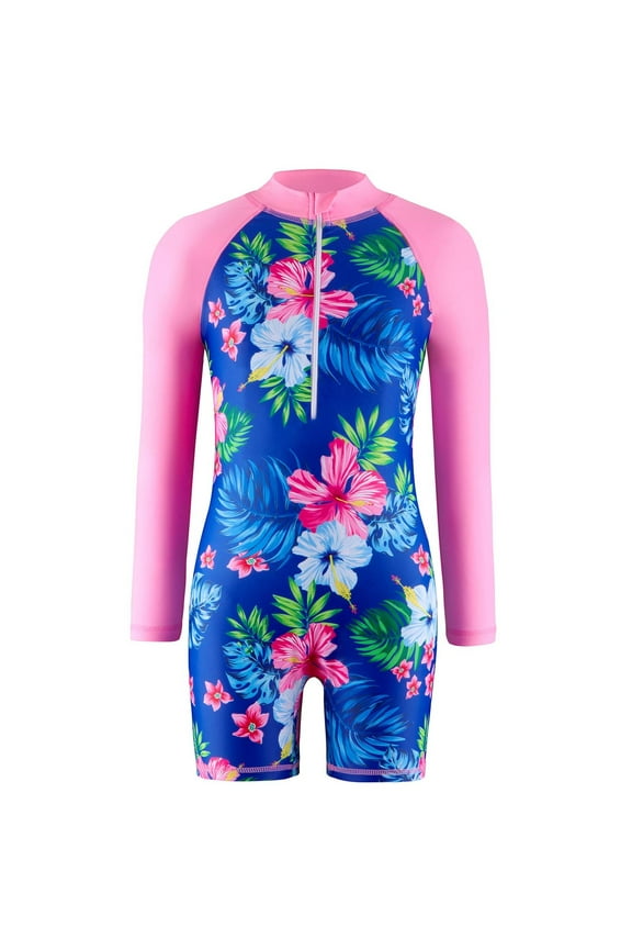 Girl One Piece Rashguard Swimsuit Long Sleeve Floral Printed Zipper Upf 50+ Sun Protection Boyleg Bathing Suits Wetsuit Swimwear 4-12Y