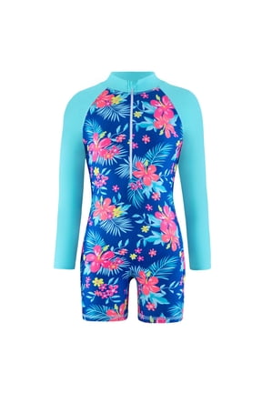 Girl One Piece Rashguard Swimsuit Long Sleeve Floral Printed Zipper Upf 50+ Sun Protection Boyleg Bathing Suits Wetsuit Swimwear 4-12Y