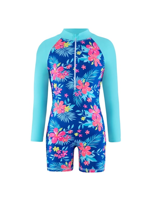 Girl One Piece Rashguard Swimsuit Long Sleeve Floral Printed Zipper Upf 50+ Sun Protection Boyleg Bathing Suits Wetsuit Swimwear 4-12Y