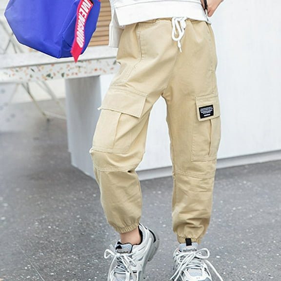 Hicidod Girls Cargo Pants Drawstring Elastic Solid Color Joggers Pants High Waist Casual Full Length Kids Sweatpants with Pockets