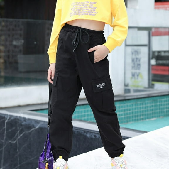 Hicidod Girls Cargo Pants Drawstring Elastic Solid Color Joggers Pants High Waist Casual Full Length Kids Sweatpants with Pockets