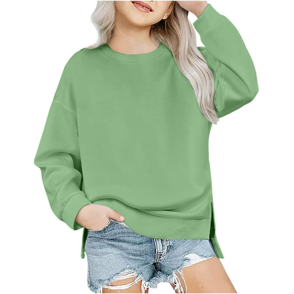 Hicidod Girls Crewneck Sweatshirt Fashion Solid Color Long Sleeve Pullover Tops Drop Shoulder Side Split Casual Kids Sweatshirts