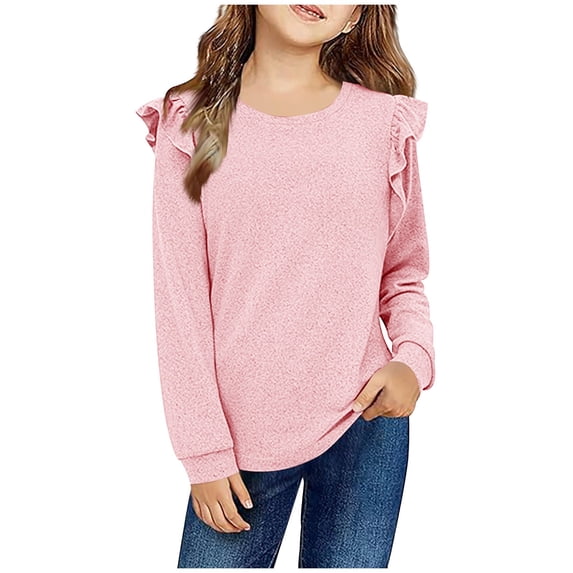 Hicidod Girls Long Sleeve Shirts Cute Ruffle Shoulder Crewneck Sweatshirts Fashion Solid Soft Cozy Pullover Tops 4-13 Years