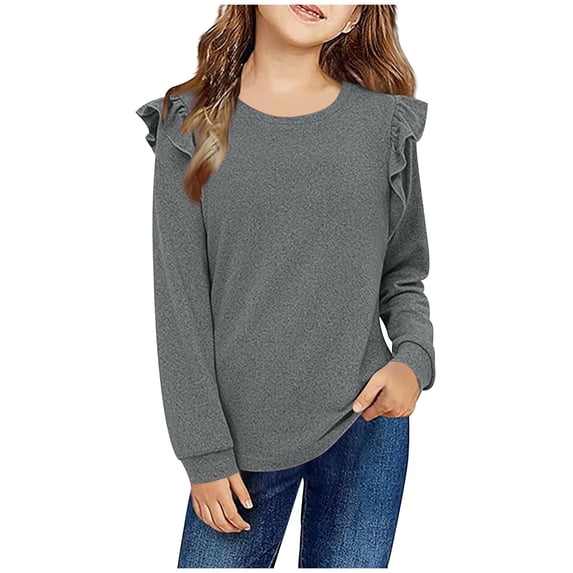 Hicidod Girls Long Sleeve Shirts Cute Ruffle Shoulder Crewneck Sweatshirts Fashion Solid Soft Cozy Pullover Tops 4-13 Years