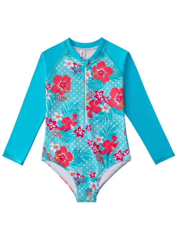 Girls One Piece Swimsuits Long Sleeve Swimwear Upf50+ Kids Floral Printed Zipper Sun Protection Surfing Bathing Suits Sizes 4-12Y