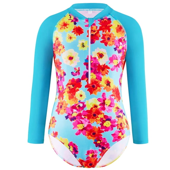 Hicidod Girls One Piece Swimsuits Long Sleeve Swimwear Upf50+ Kids Floral Printed Zipper Sun Protection Surfing Bathing Suits Sizes 4-12Y