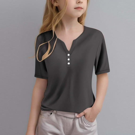 Hicidod Girls Short Sleeve T Shirts V-Neck Solid Summer Casual Kids Tees Tops Soft Cozy Lightweight Trendy Blouses For Summer