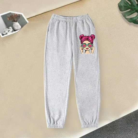 Hicidod Girls' Sweatpants Cute Graphic Print Full Length Active Kids Joggers Pants High Waisted Casual Sweat Pants with Pockets