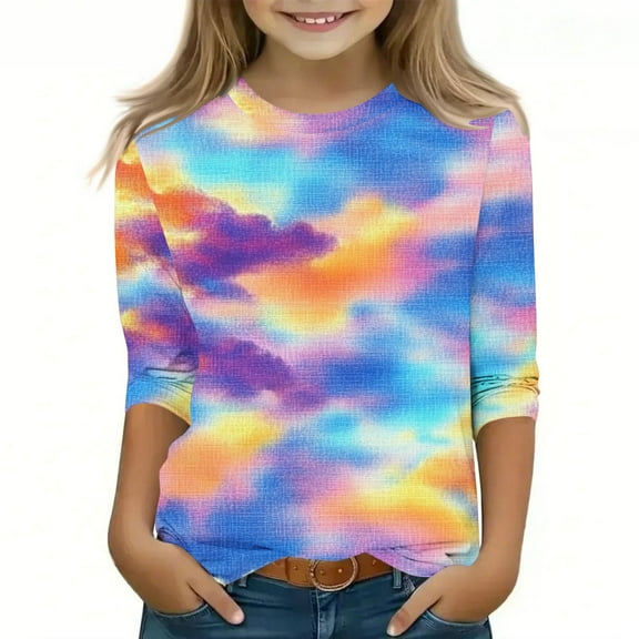 Hicidod Girls T Shirts 3/4 Sleeve Crew Neck Cute Toddler Tops Fashion Colorful Print Shirt Casual Spring Summer Kids Blouses