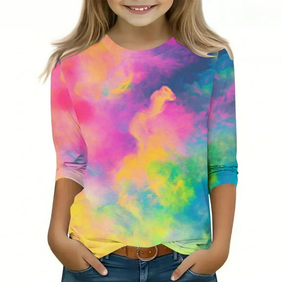 Hicidod Girls T Shirts 3/4 Sleeve Crew Neck Cute Toddler Tops Fashion Colorful Print Shirt Casual Spring Summer Kids Blouses