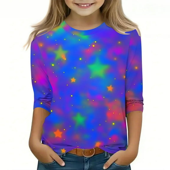 Hicidod Girls T Shirts 3/4 Sleeve Crew Neck Cute Toddler Tops Fashion Colorful Print Shirt Casual Spring Summer Kids Blouses