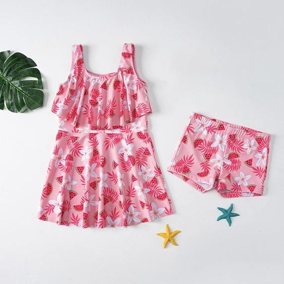 Hicidod Girls Two Piece Swimsuit High Waisted Swim Dress Bathing Suit with Boyshorts Cute Hawaii Printed Summer Tankini Tee Swimsuit 2025