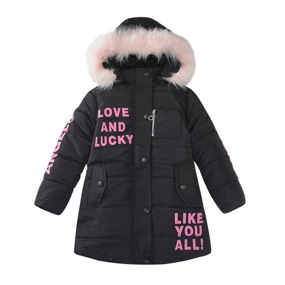 Hicidod Girls Winter Puffer Jackets Thicken Warm Lightweight Long Down Coats Cute Letter Printed Zipper Jackets with Faux Fur Hood Clothes