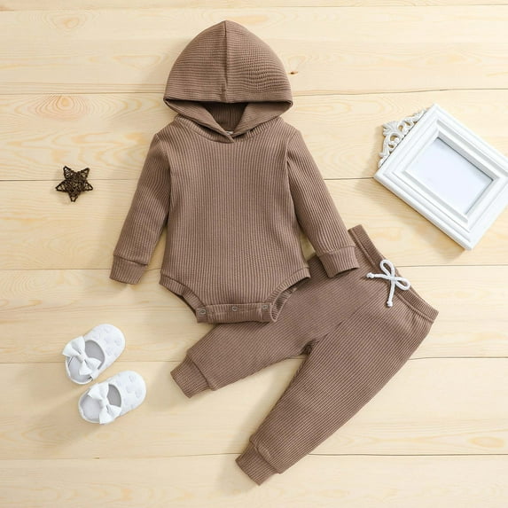 Hicidod Infant Unisex Sweatsuit Hooded Long Sleeve Bodysuit Stretchy Pants Fashion Solid Color Ribbed Fall Winter Baby Outfits