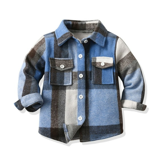 Hicidod Kids Boys Girls Sherpa Lined Flannel Shacket Jacket Plaid Button Up Plush Thicken Long Sleeve Lapel Neck Fall Winter Tops