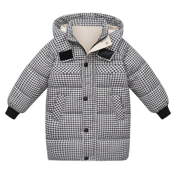 Hicidod Kids Down Coats Long Sleeve Puffer Lightweight Fashion Plaid Pattern Jackets Thicken Padded Winter Warm Coat With Hood