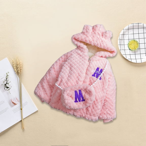 Hicidod Kids Fleece Jacket Girls Soft Solid Color Winter Warm Coats Cute Ears Hooded Zipper Faux Fur Thicken Cute Outerwear