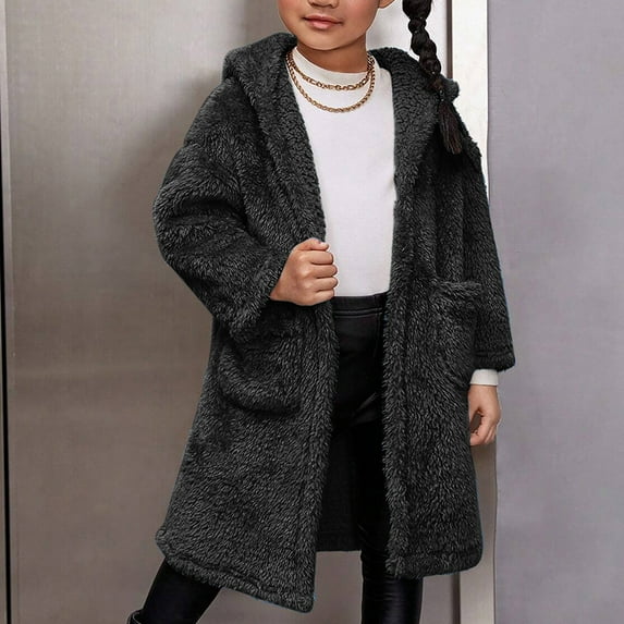 Hicidod Kids Fleece Jacket Hooded Faux Fur Long Winter Sherpa Coats Fashion Solid Soft Cozy Thick Warm Girls Outerwear