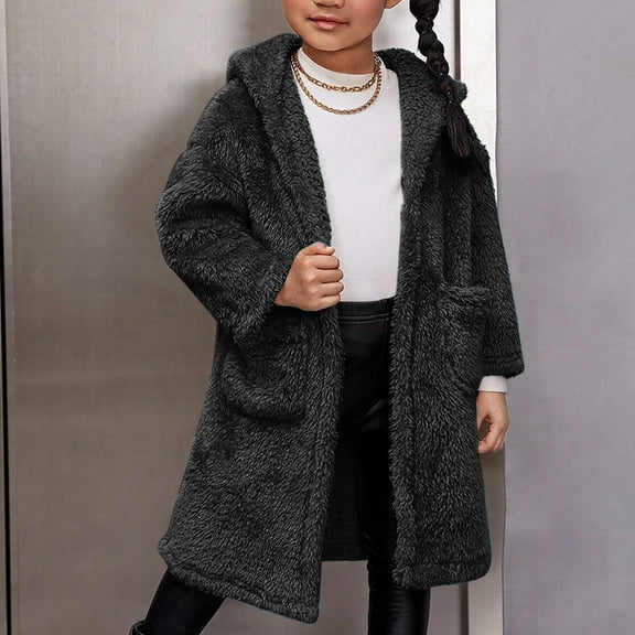 Hicidod Kids Fleece Jacket Hooded Faux Fur Long Winter Sherpa Coats Fashion Solid Soft Cozy Thick Warm Girls Outerwear