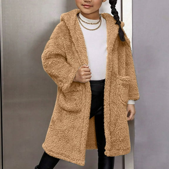 Hicidod Kids Fleece Jacket Hooded Faux Fur Long Winter Sherpa Coats Fashion Solid Soft Cozy Thick Warm Girls Outerwear