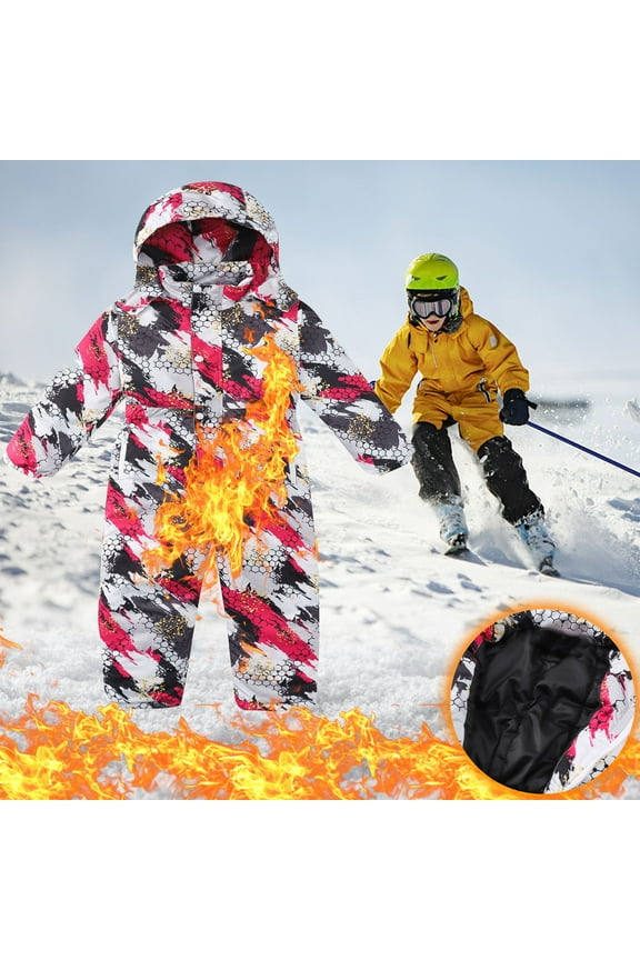 Kids Girls Boys Ski Suit One Piece Hooded Snowboard Snowsuit Jumpsuits Coveralls Trendy Printed Waterproof Windproof Snow Suit