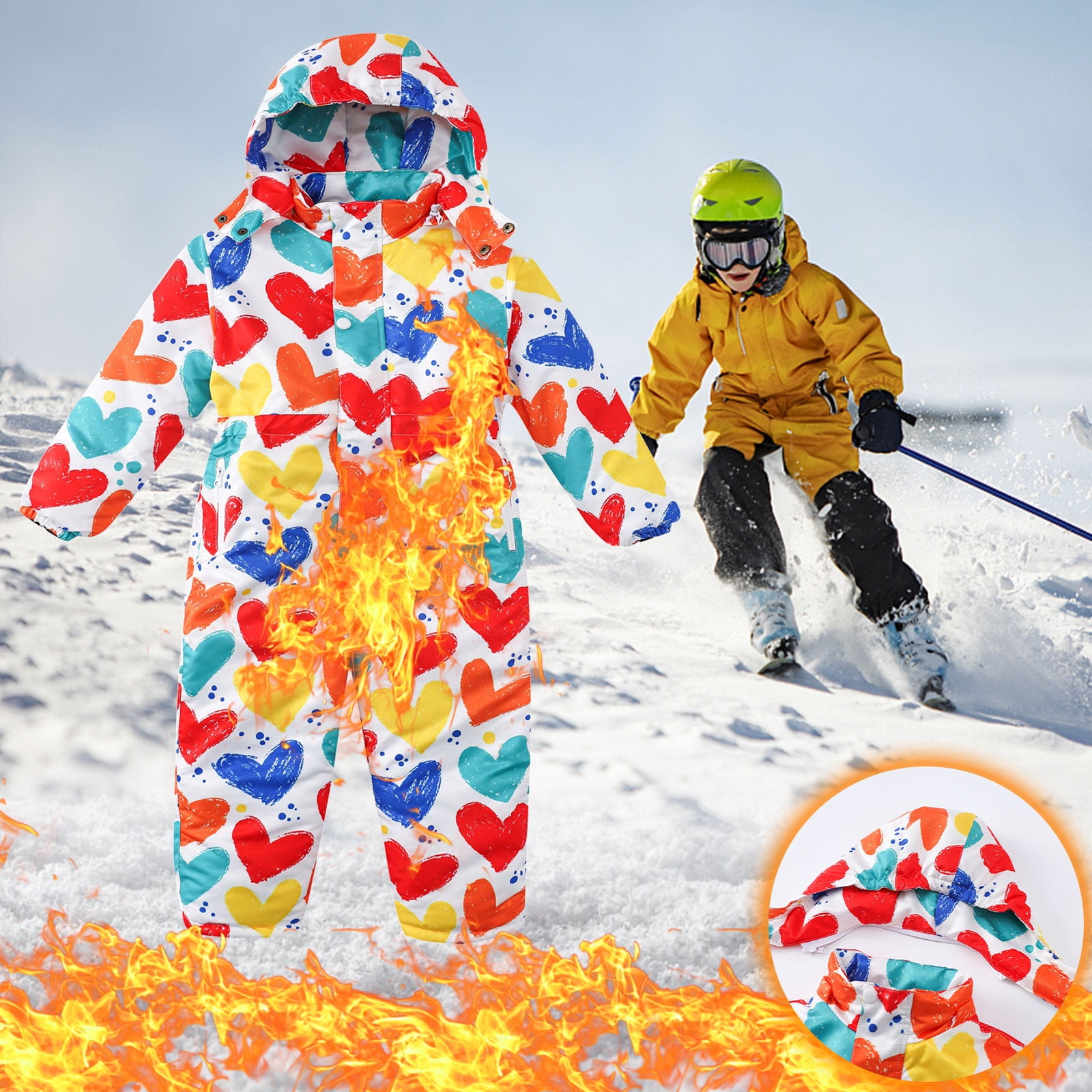 Hicidod Kids Girls Boys Ski Suit One Piece Hooded Snowboard Snowsuit Jumpsuits Coveralls Trendy Printed Waterproof Windproof Snow Suit