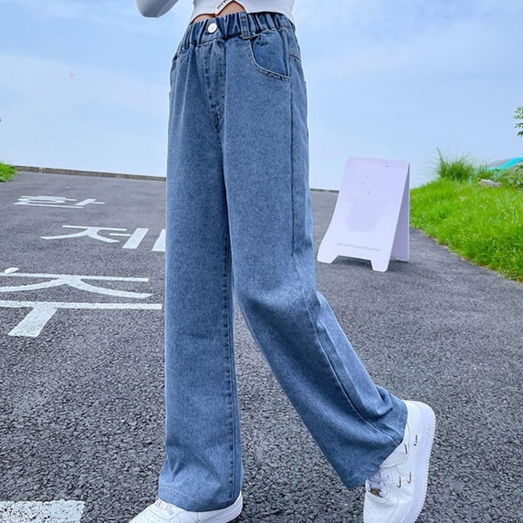 Hicidod Kids Girls Jeans Elastic High Waisted Wide Leg Denim Full Length Casual Comfortable Baggy Cargo Pants with Pockets