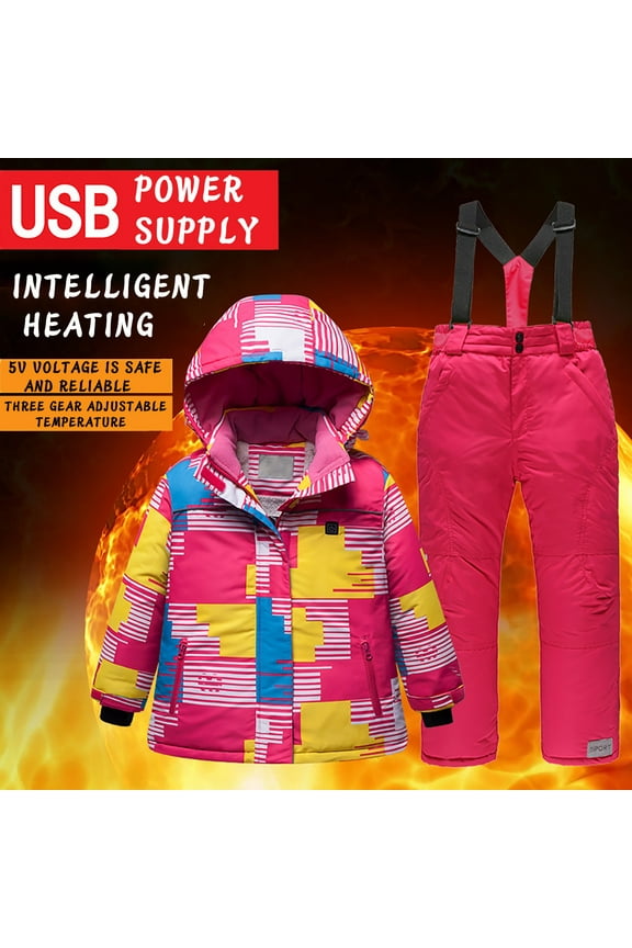 Kids Heated Snowsuit Hooded Fashion Prined Ski Jacket And Pant Set Winter Warm Toddler Waterproof Outdoor Heating Ski Suit
