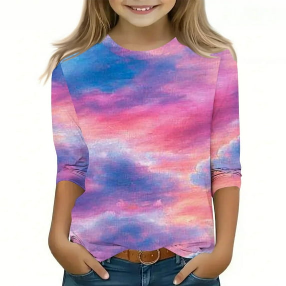 Hicidod Kids Shirts 3/4 Length Sleeve Tops Round Neck Tops for Girls Boys Trendy Tie-Dye Casual Base Loose Fit Blouses