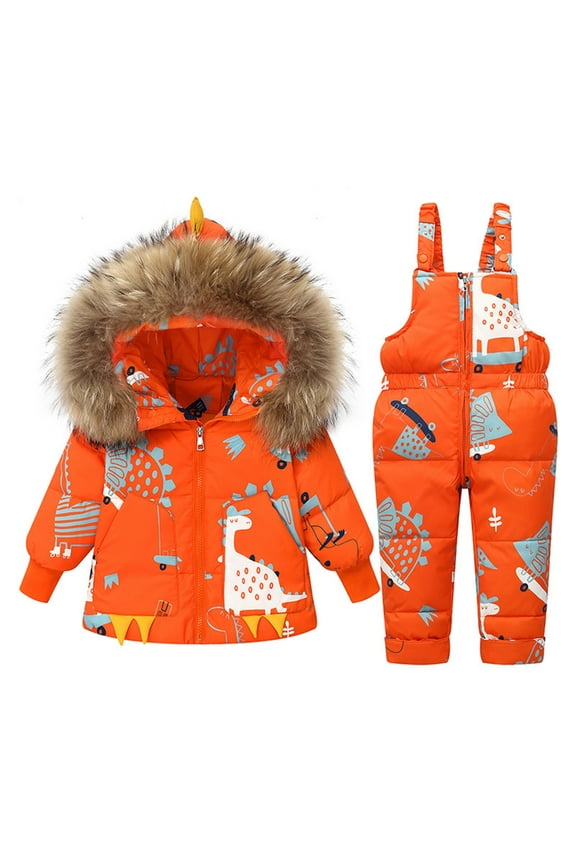 Kids Snowsuit 2-Piece Set Winter Hooded Toddler Puffer Jacket Snow Bib Pant Waterproof Fashion Print Thicken Ski Suits Outfit
