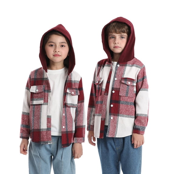 Hicidod Kids Toddler Boys Girls Flannel Shirt Jacket Long Sleeve Button Down Hooded Plaid Hoodie Jacket Tops Coat Outwear Fall Clothes