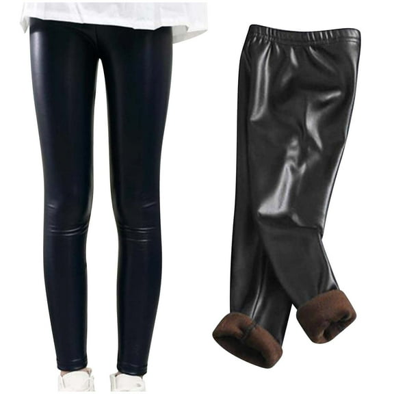 Hicidod Leggings for Girls Fall Winter Fleece Lined Thermal Leather Tights Waterproof Fashion Solid Color Stretchy Pants