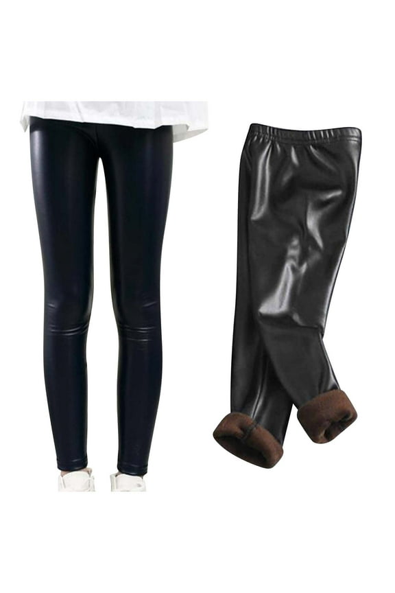 Leggings for Girls Fall Winter Fleece Lined Thermal Leather Tights Waterproof Fashion Solid Color Stretchy Pants