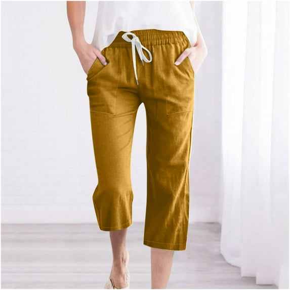 Hicidod Linen Capri Pants for Women Solid Casual Drawstring Elastic High Waist Cropped Trousers Wide Leg Straight Capris with Pockets
