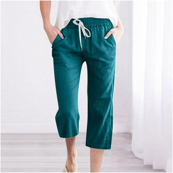Hicidod Linen Capri Pants for Women Solid Casual Drawstring Elastic High Waist Cropped Trousers Wide Leg Straight Capris with Pockets
