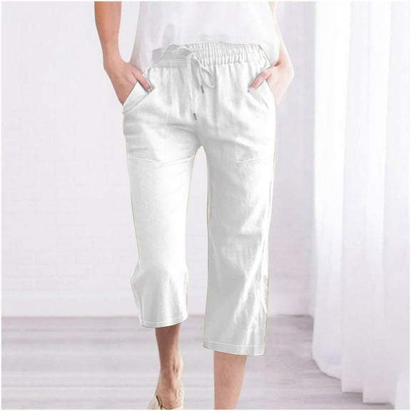 Hicidod Linen Capri Pants for Women Solid Casual Drawstring Elastic High Waist Cropped Trousers Wide Leg Straight Capris with Pockets