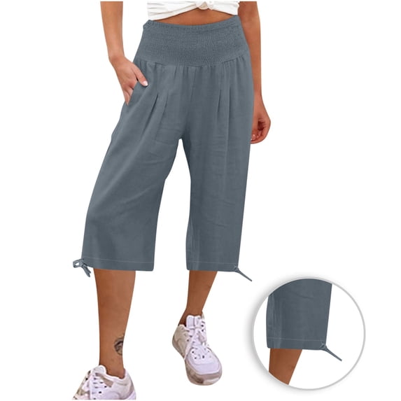 Hicidod Linen Capris Pants for Women Wide Leg Palazzo Lounge Cropped Pants with Pockets Light Weight Comfy High Waisted Capri Pants