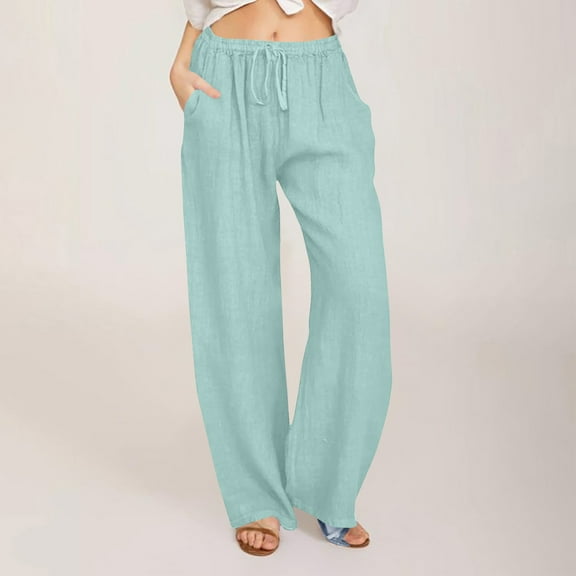 Hicidod Linen Pants Women Summer Solid Cozy Wide Leg Trousers Elastic Waist Casual Beach Trendy Palazzo Pants with Pockets