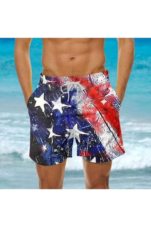 Mens Swim Trunks Quick Dry Stretch Compression Beach Shorts with Pockets Fashion Printed Casual Bathing Trunk for Men