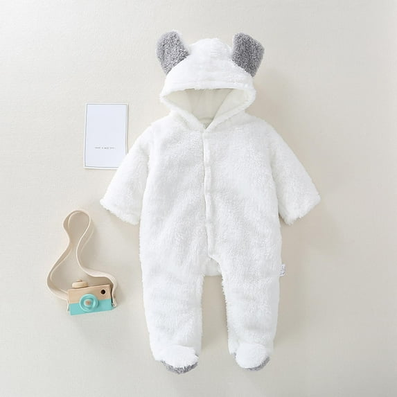 Hicidod Baby Rompers Unisex Cute Bear Ears Fleece Hooded Footie Infant Jumpsuit Winter Warm Long Sleeve Snowsuit Bodysuits