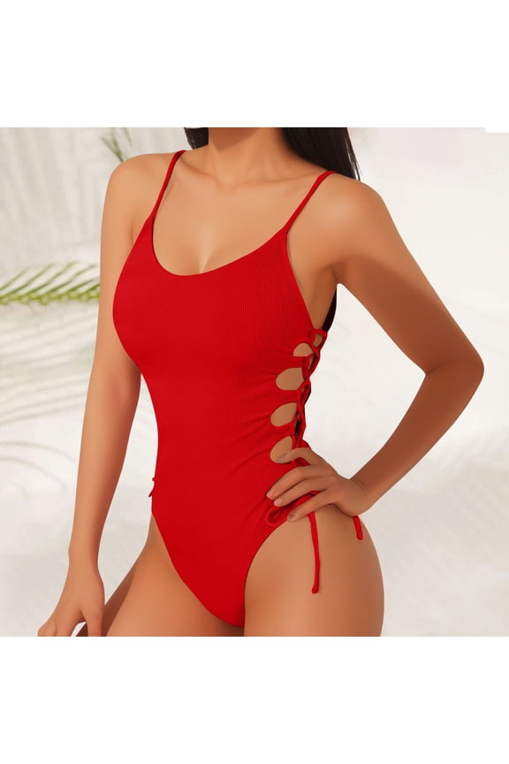 One Piece Swimsuit Women High Waisted Tummy Control Bathing Suit Light Fashion Solid Slimming Monokini with Drawstring