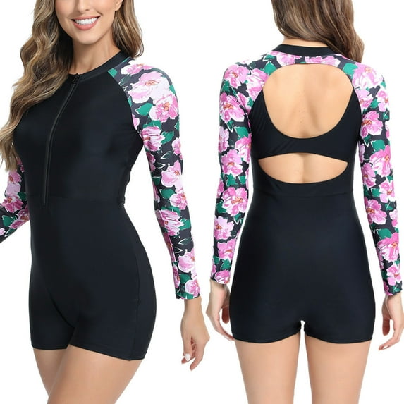Hicidod One Piece Swimsuit Women Long Sleeve Rash Guard Bathing Suits Zip Up Fashion Printed Boyleg Bottom UPF 50+ Surfing Swimwear