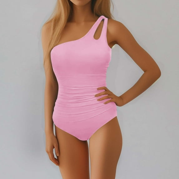 Hicidod One Piece Swimsuit for Women Tummy Control One Shoulder Bathing Suits Fashion Solid Modest Full Coverage Keyhole Swimwear