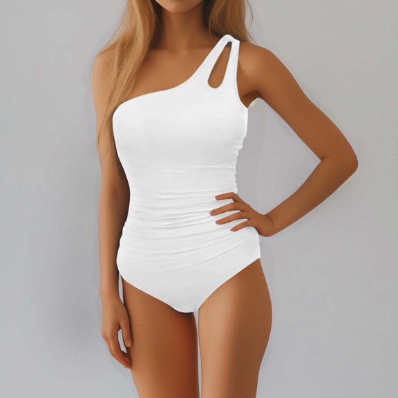 Hicidod One Piece Swimsuit for Women Tummy Control One Shoulder Bathing Suits Fashion Solid Modest Full Coverage Keyhole Swimwear