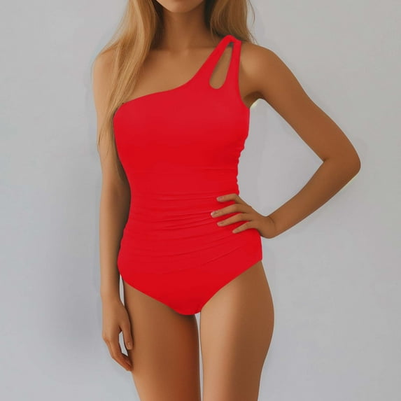 Hicidod One Piece Swimsuit for Women Tummy Control One Shoulder Bathing Suits Fashion Solid Modest Full Coverage Keyhole Swimwear