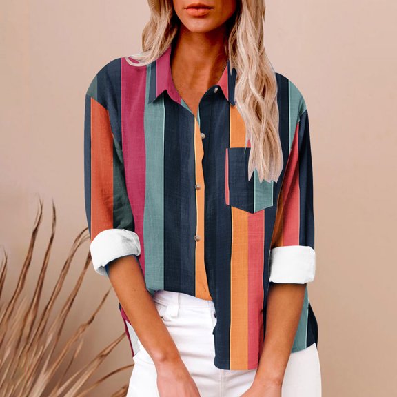 Hicidod Shirts for Women Long Sleeve Cotton Linen Fashion Printed Blouse Spring Summer Button Down Casual Tops with Pockets