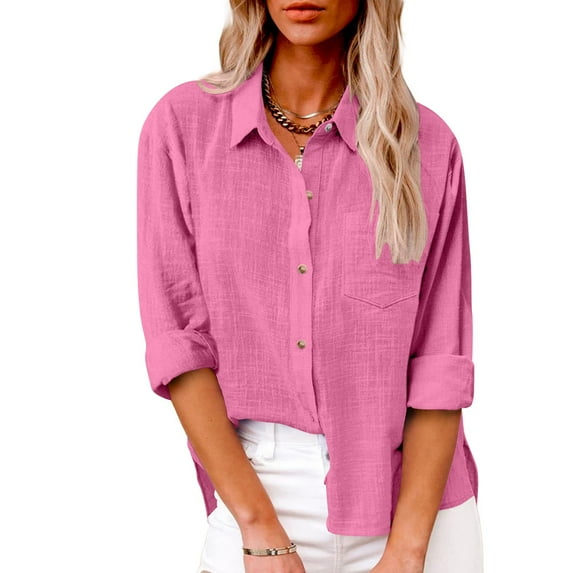 Hicidod Shirts for Women Loose Fit Cotton Linen Blouse Button Up Tunic Tops Long Sleeve Casual Solid Color V Neck Cozy Blouse