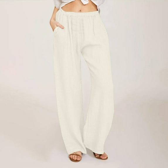 Hicidod Summer Cotton Linen Pants for Women High Waist Wide Leg Loose Palazzo Trousers Solid Casual Beach Pants Loose Fit with Pockets