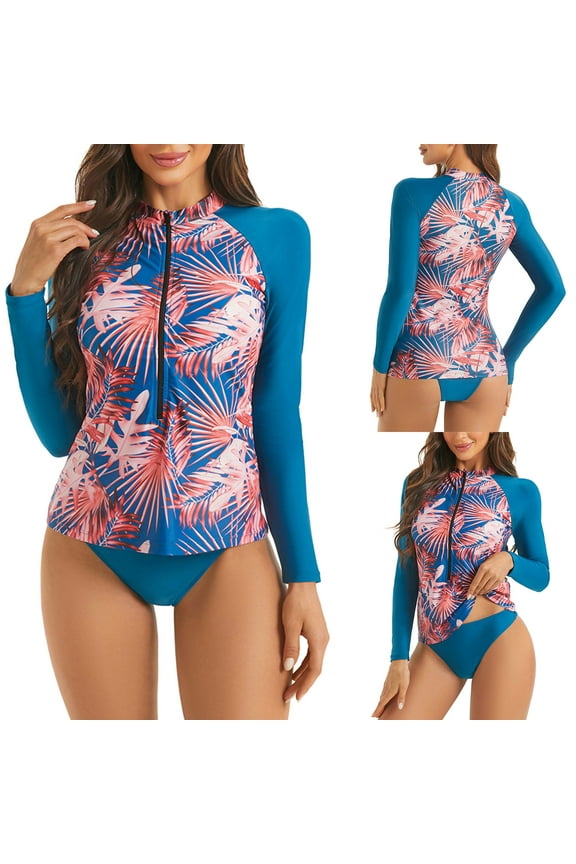 Tankini Swimsuits for Women Rash Guard Long Sleeve 2 Piece Set Print Swim Shirt With Shorts Set Sun Protection Surf Bathing Suits