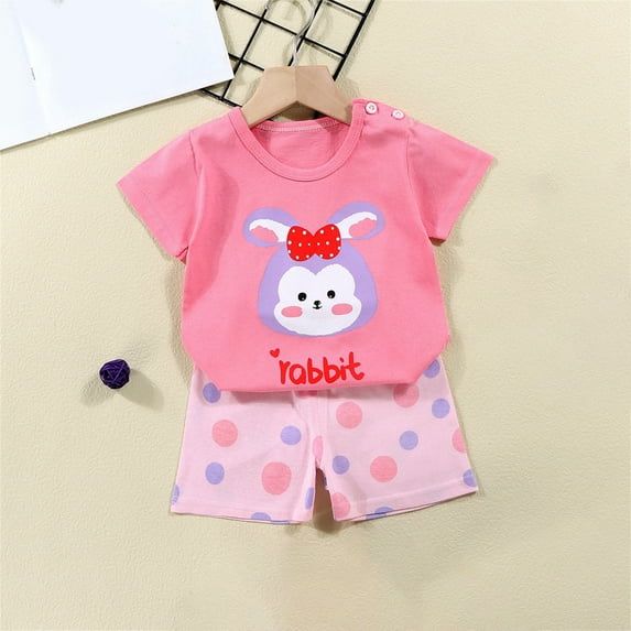 Hicidod Toddler Baby Girls Summer Clothes Funny Cartoon Print Short Sleeve Top T-Shirt And Solid Shorts 2 Piece Summer Outfits Set